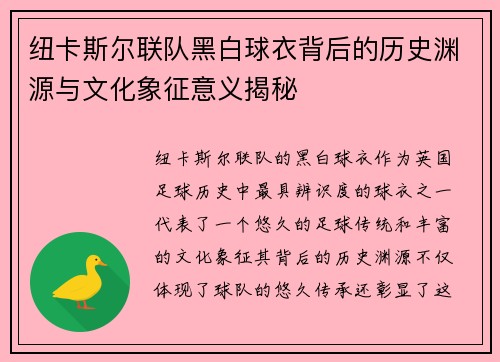纽卡斯尔联队黑白球衣背后的历史渊源与文化象征意义揭秘